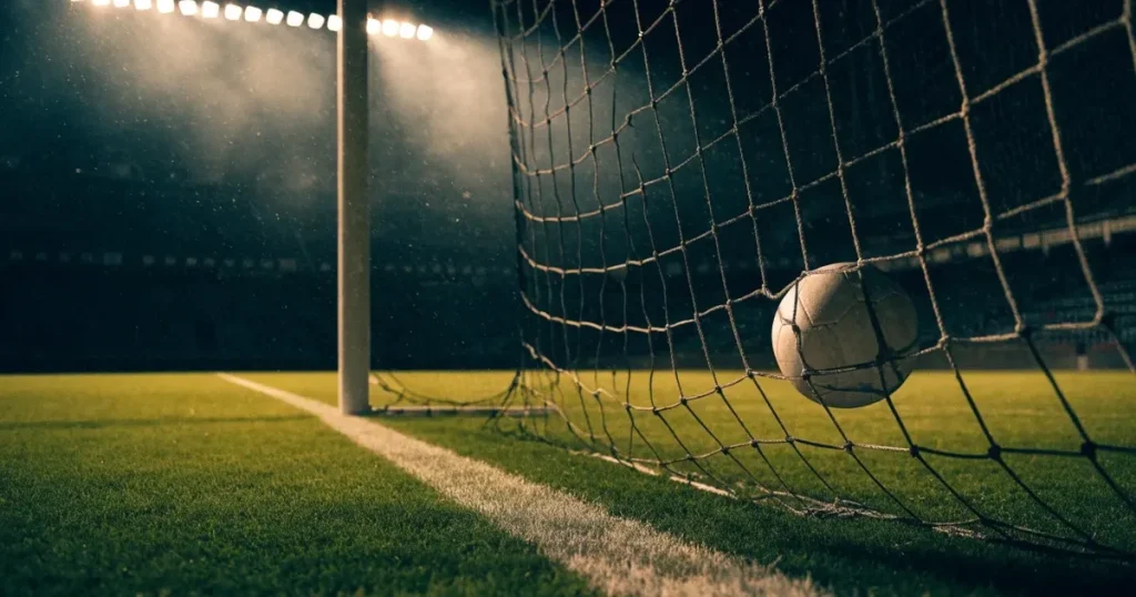 Ein Fussball liegt im Netz eines Tores, Flutlicht und kalte Abendluft liegen über dem leeren Platz