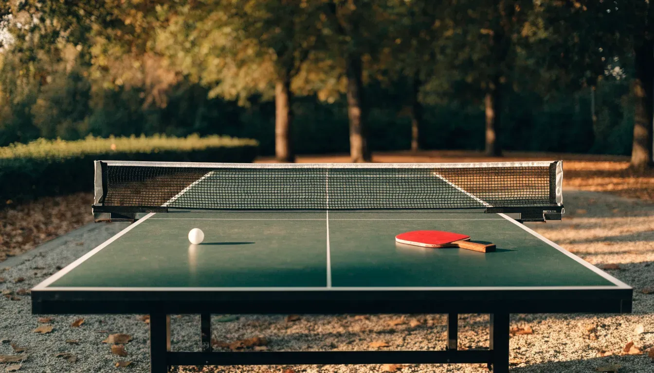 Eine Tischtennisplatte im Freien unter Bäumen, Herbstlaub liegt auf der Platte, das Licht fällt schräg durch die Äste
