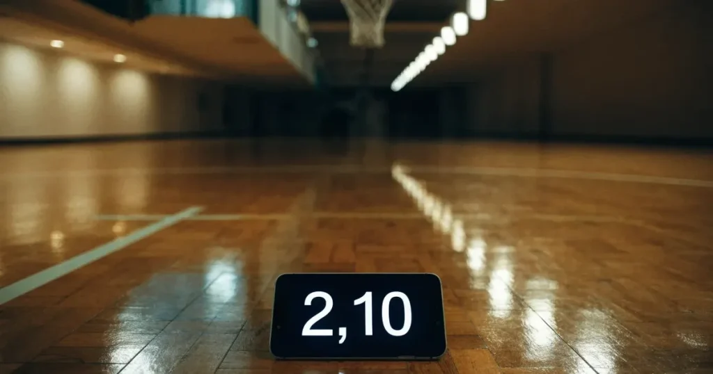 Ein Basketballkorb in einer leeren Halle, der Parkettboden glänzt im Licht der Deckenlampen