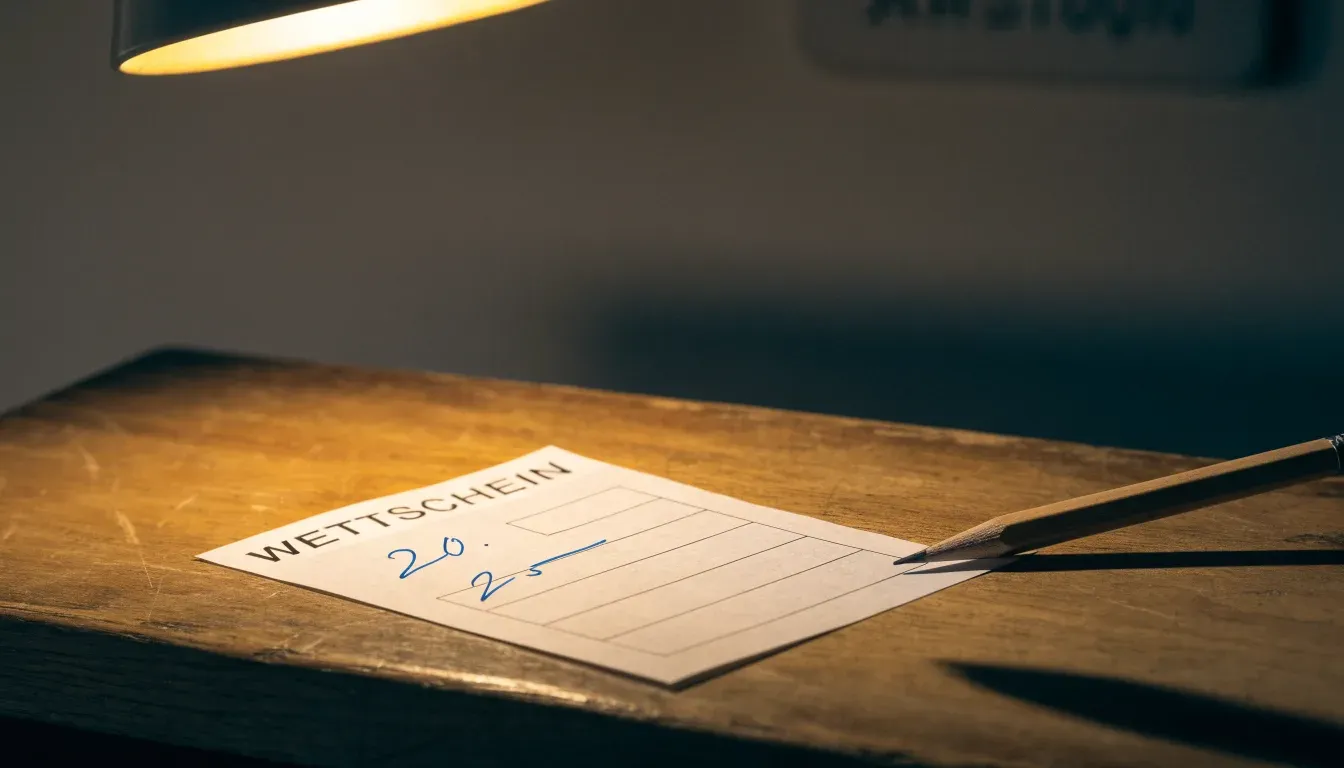 Ein leerer Wettschein aus Papier und ein Bleistift liegen auf einem Holztresen, warmes Licht einer Lampe