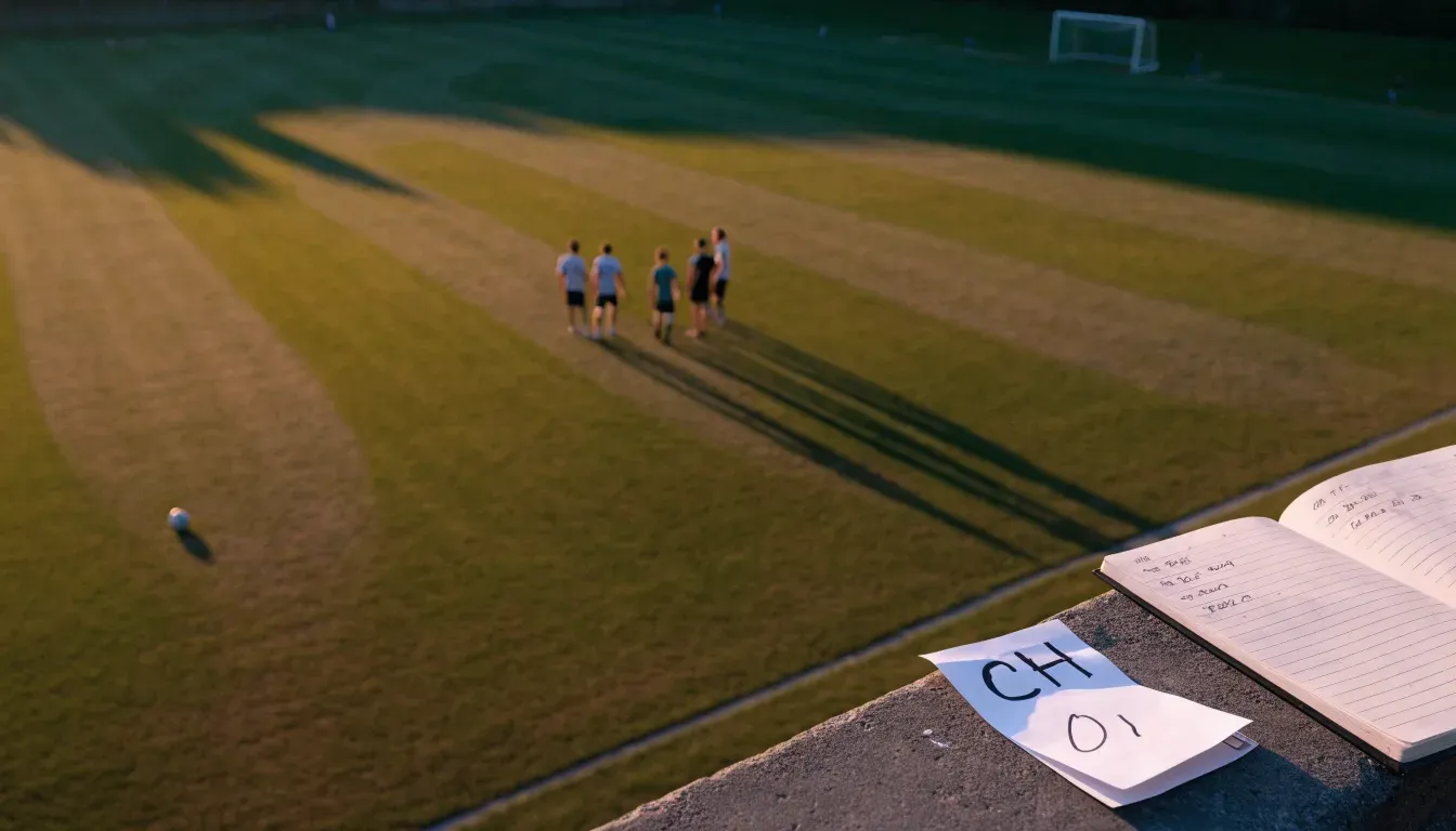 Eine leere Stadiontribüne bei Sonnenaufgang aus der Ferne, lange Schatten fallen über die Sitzreihen
