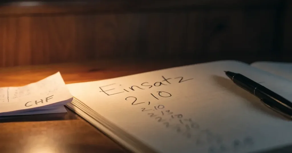 Ein Notizbuch mit handschriftlichen Spalten und ein Kugelschreiber neben einem Taschenrechner, Licht einer Schreibtischlampe