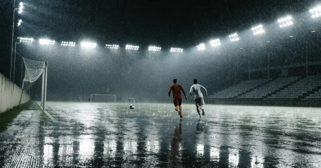 Ein Fussballplatz mit Kunstrasen im Regen, Pfützen spiegeln das Licht der Flutlichtmasten