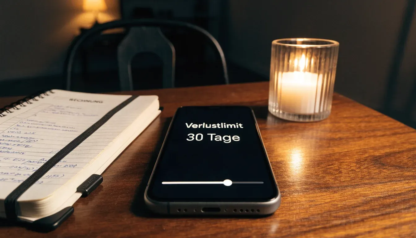Eine Kerze brennt ruhig auf einem Holztisch neben einem geschlossenen Notizheft, abendliche Stimmung im Zimmer