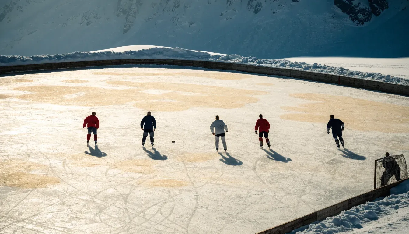 Ein Eishockeyfeld im Freien auf einem zugefrorenen See, Schneewehen an den Banden, klare Winterluft