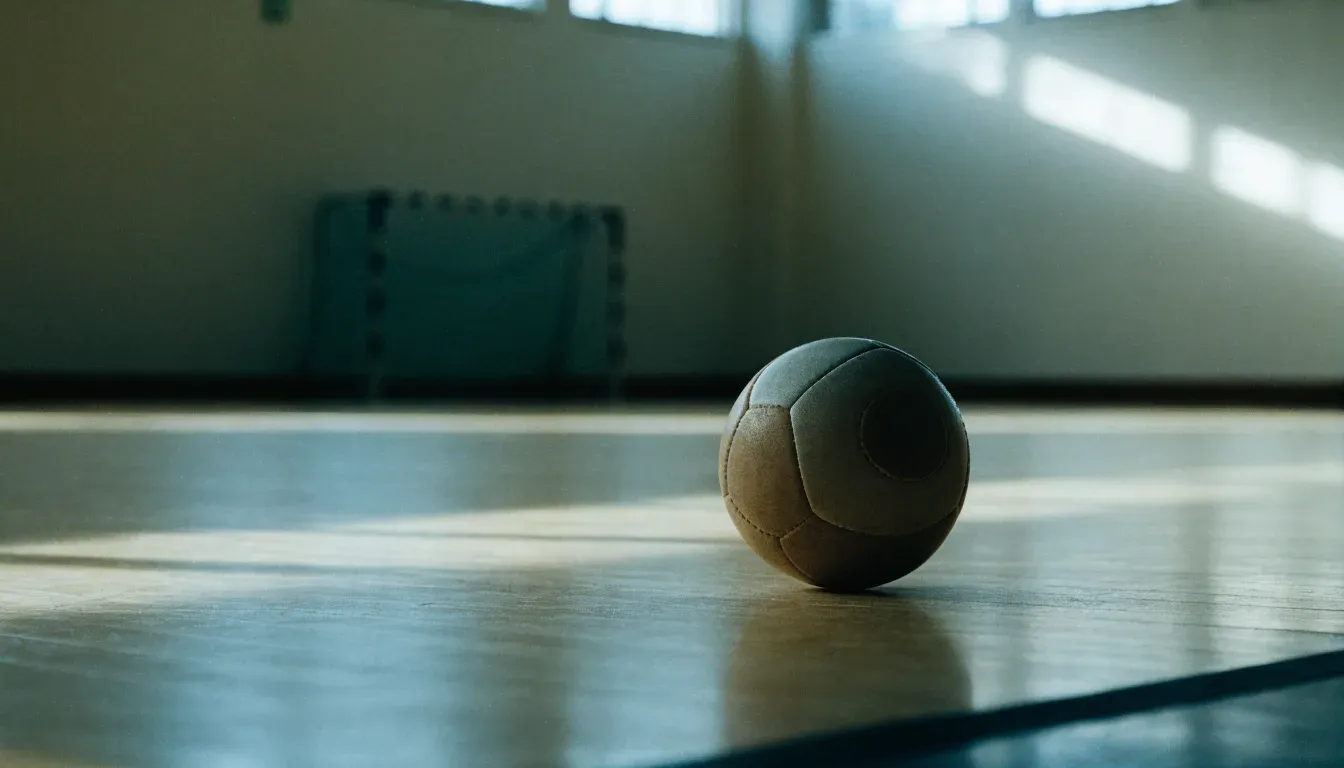Ein Handball liegt auf dem Hallenboden einer leeren Sporthalle, Streifen von Licht aus den Oberlichtern
