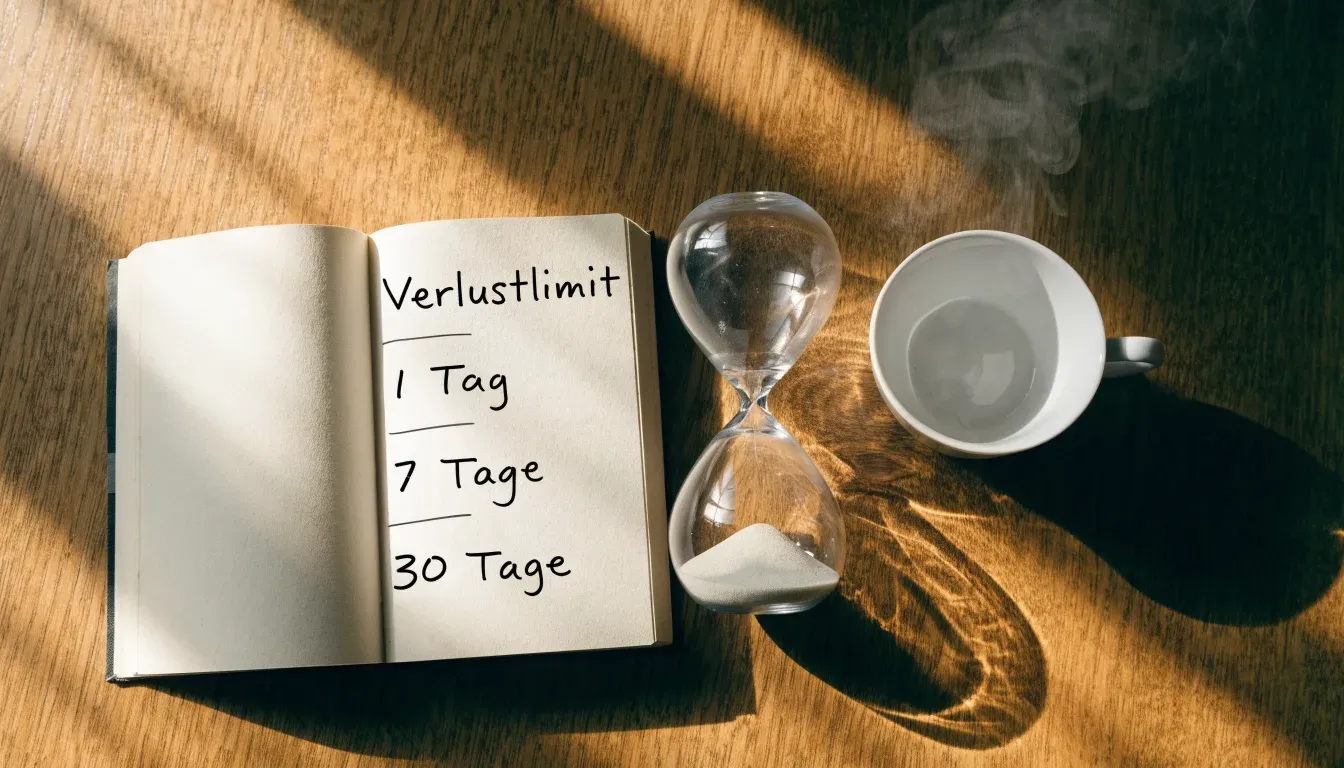 Eine Sanduhr steht neben einem Notizbuch mit handschriftlichen Notizen auf einem Holztisch, daneben dampft eine Tasse Tee.