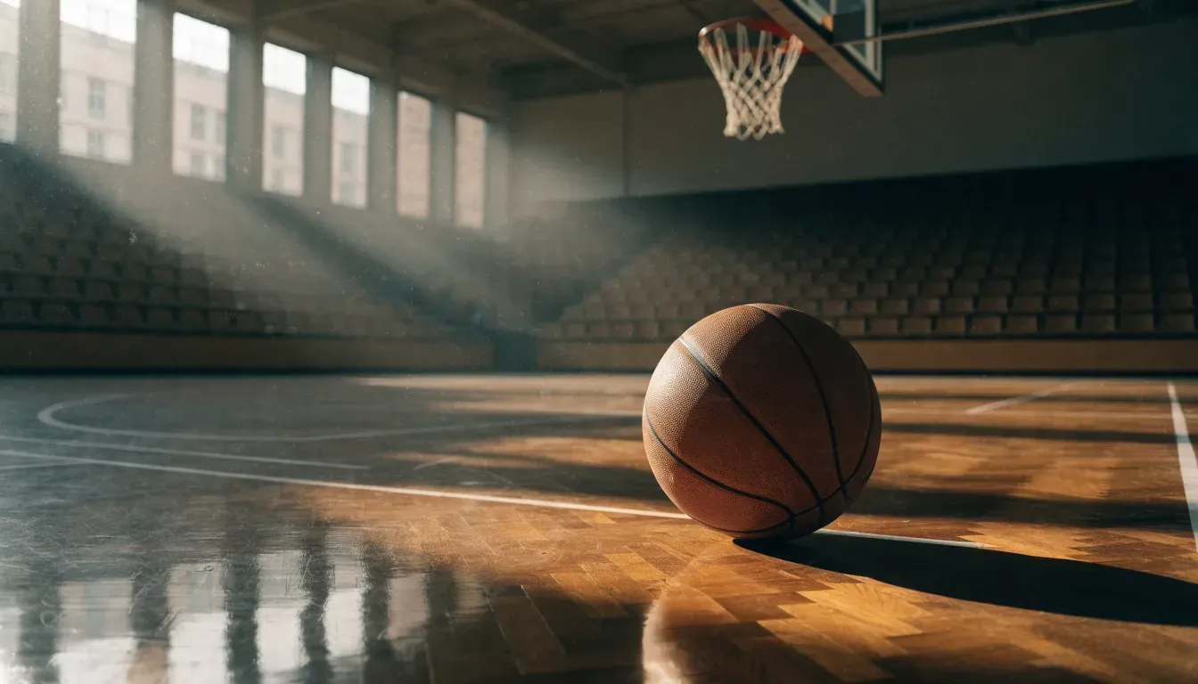 Ein Basketball ruht auf dem polierten Parkett einer leeren Halle, Nachmittagslicht fällt durch hohe Fenster.