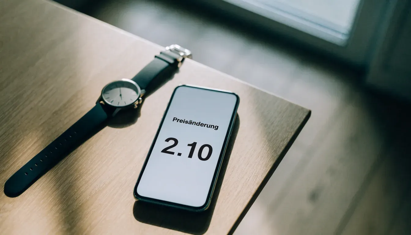 Ein Smartphone liegt mit dem Display nach unten auf einem Tisch neben einer Armbanduhr, im Hintergrund ein unscharfes Fenster.