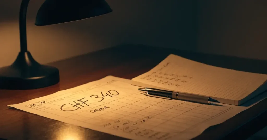 Eine Schreibtischlampe beleuchtet am späten Abend einen Block mit handschriftlichen Notizen und einen Stift.