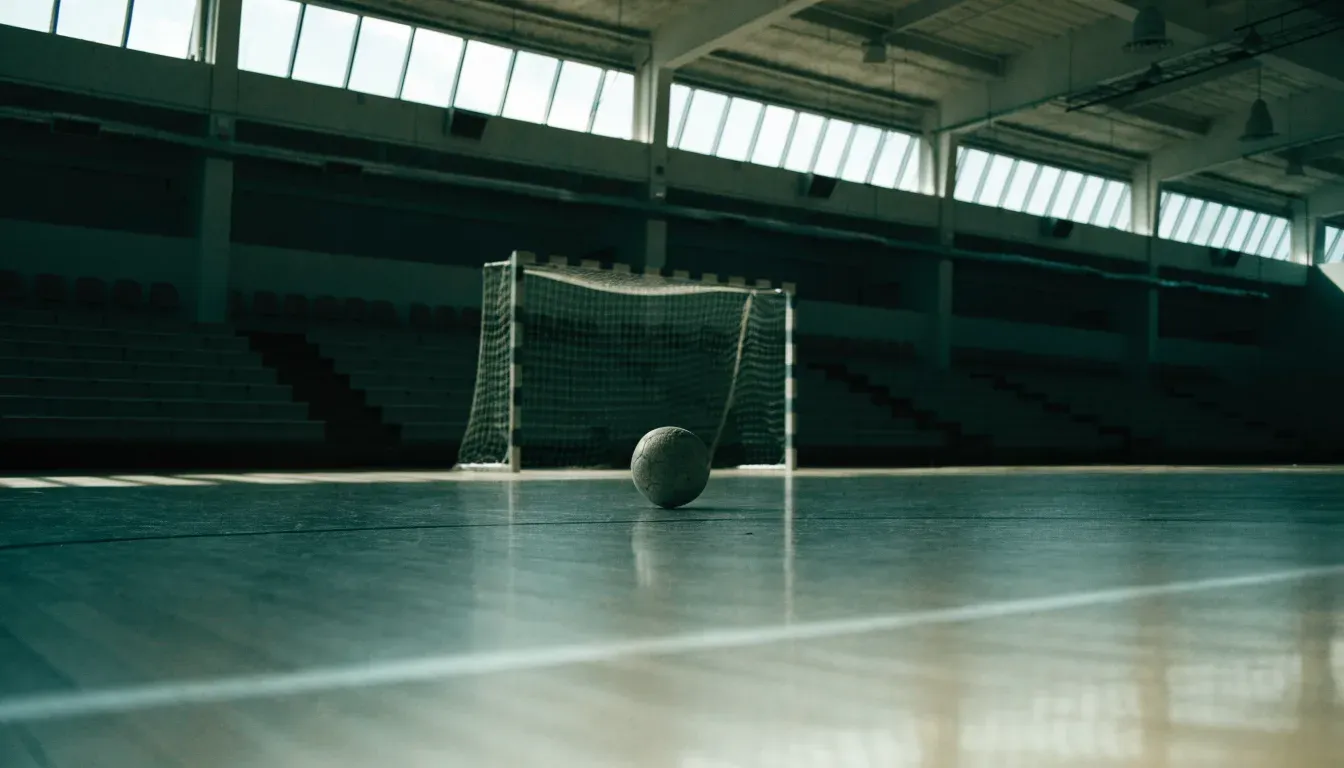 Ein Handball liegt am Rand des Torraums in einer leeren Sporthalle, Licht fällt durch Oberlichter auf den Hallenboden.
