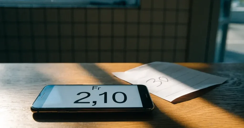 Ein Einmachglas mit Münzen steht auf einem Küchentisch, daneben liegt ein Stapel leerer Briefumschläge.