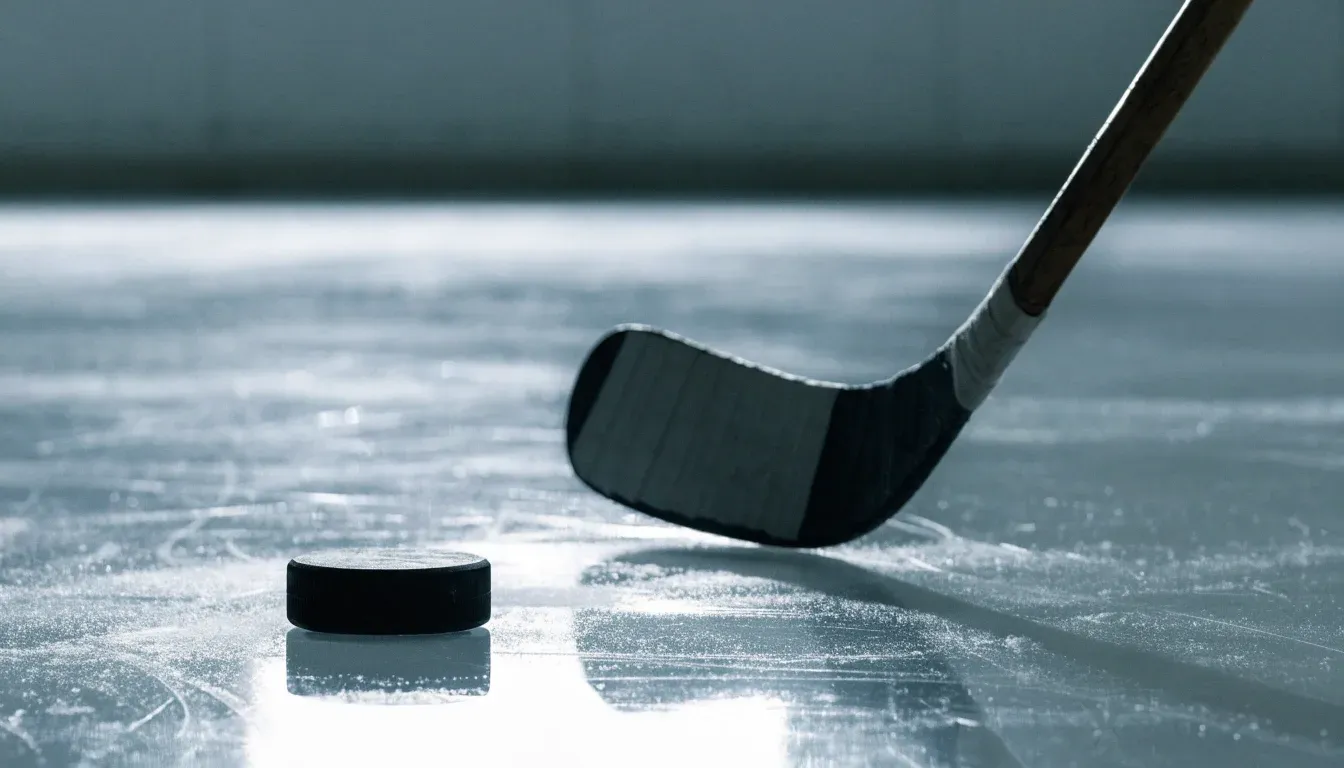 Ein Eishockeypuck und ein Schläger liegen auf einer glänzenden Eisfläche, im Hintergrund verschwimmen leere Banden.