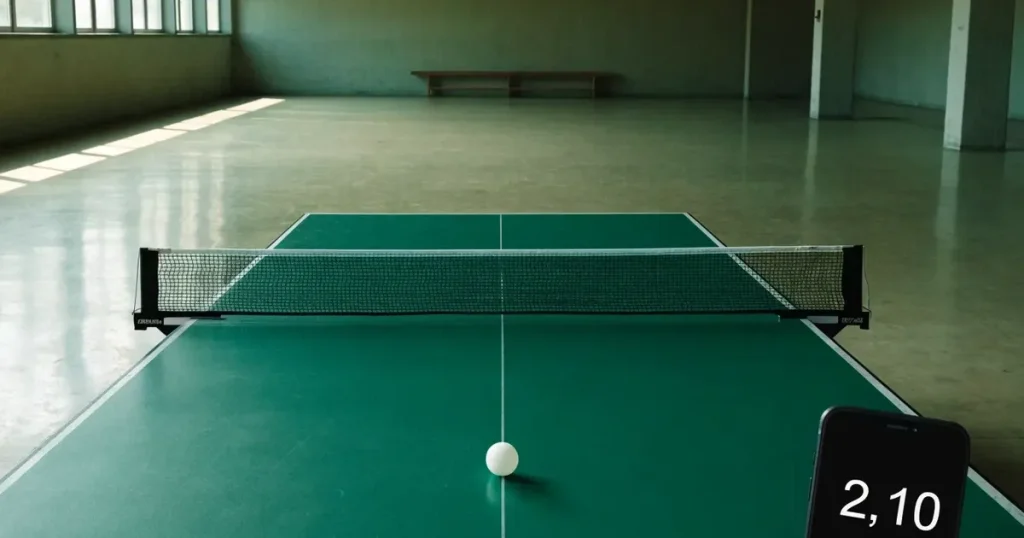 Eine Tischtennisplatte steht in einer leeren Sporthalle, ein einzelner Ball liegt am Netz und Tageslicht fällt von der Seite ein.
