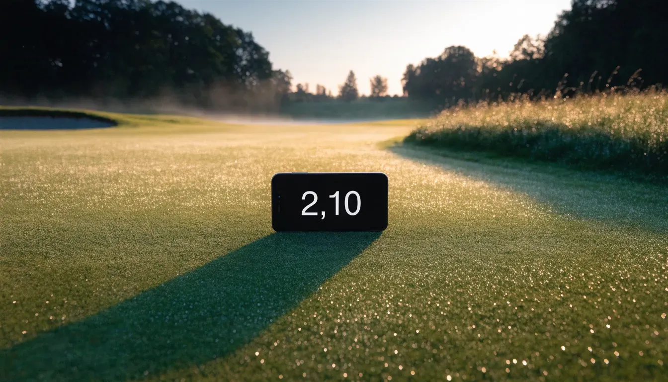 Ein Golfgrün bei Sonnenaufgang mit Tau auf dem Rasen, die Fahnenstange fehlt und im Hintergrund ziehen Nebelschwaden.