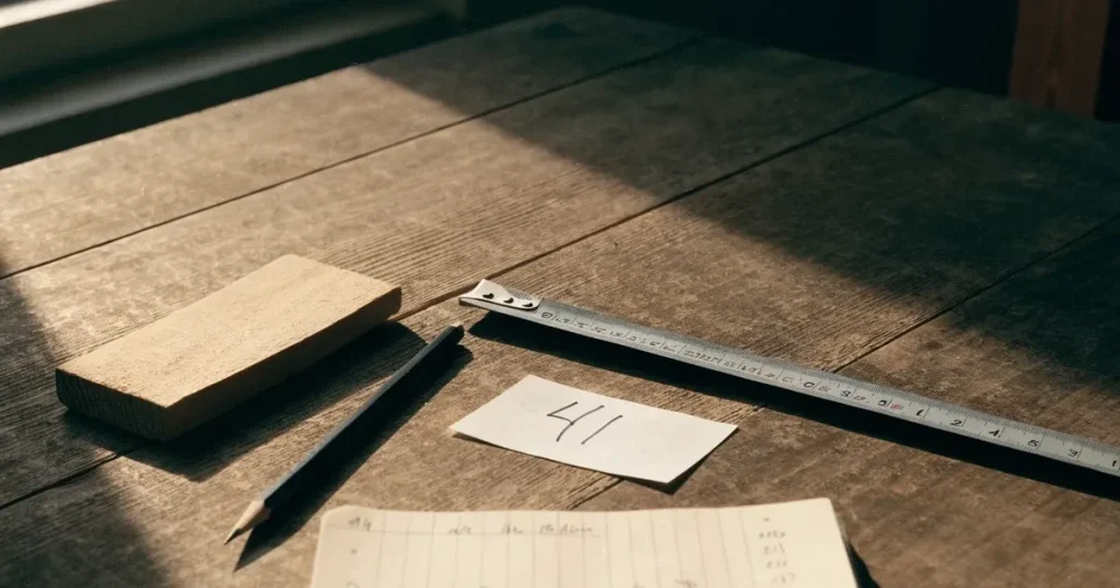 Ein Massband liegt aufgerollt auf einer Werkbank neben einem Bleistift und einem Holzbrett.