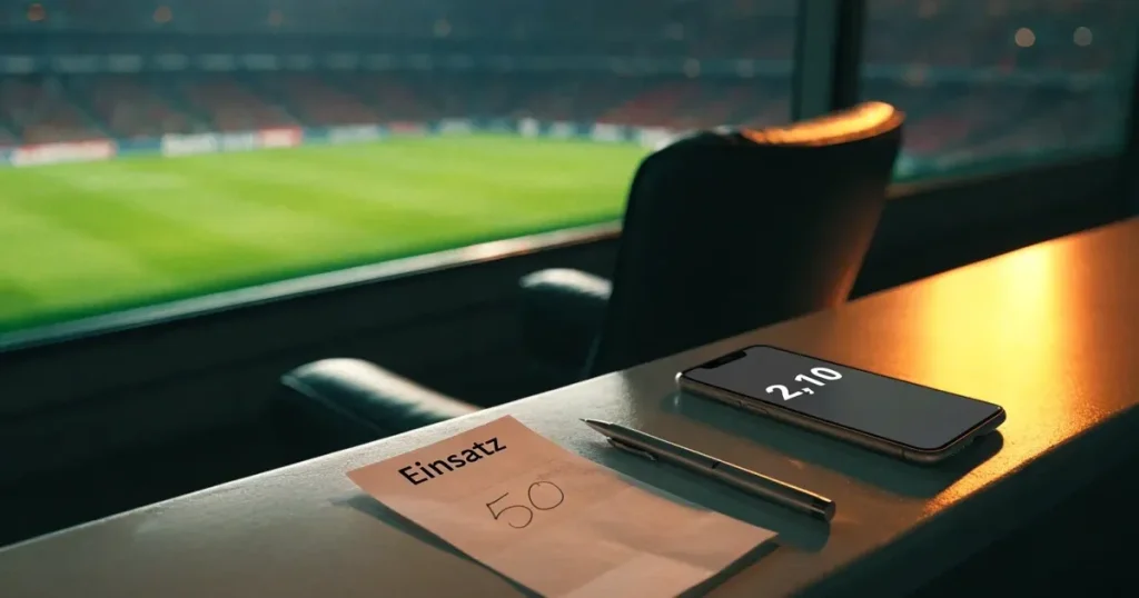 Ein leerer Ledersessel steht in einer Stadionloge mit Blick auf das Spielfeld im Abendlicht.