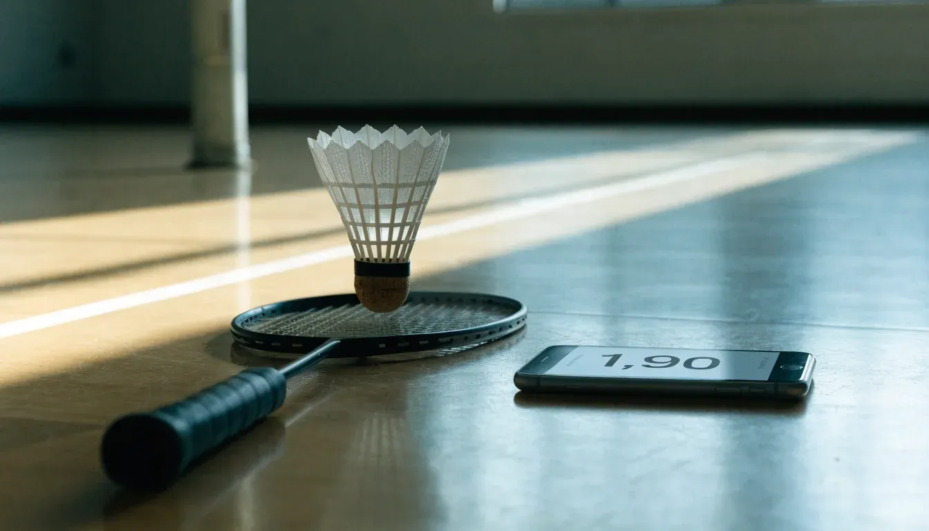 Ein Badmintonschläger liegt neben einem Federball auf dem hellen Hallenboden eines leeren Spielfelds.