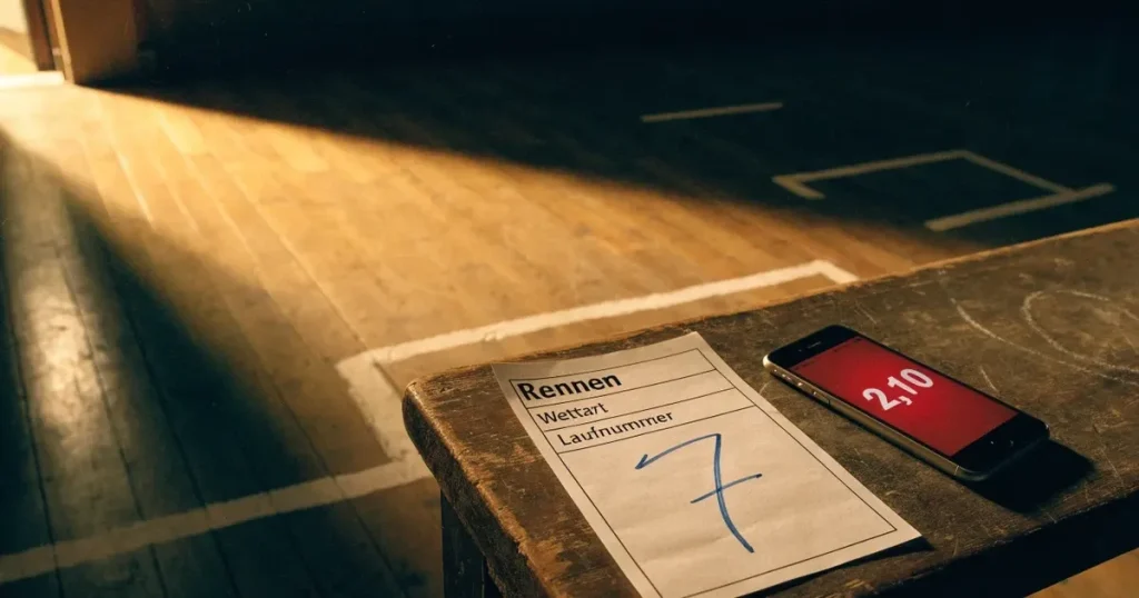 Zwei versetzte Startlinien aus Kreide auf dem Boden einer leeren Sporthalle, das Licht fällt schräg von der Seite.