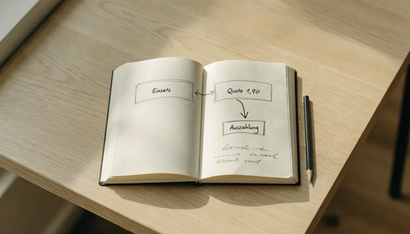 Ein aufgeschlagenes Notizbuch mit handgezeichneten Skizzen aus Kästchen und Pfeilen liegt neben einem Bleistift auf einem hellen Holztisch.