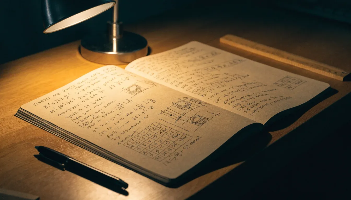 Eine Schreibtischlampe beleuchtet ein kariertes Heft mit handschriftlichen Skizzen, daneben liegt ein Lineal aus Holz.
