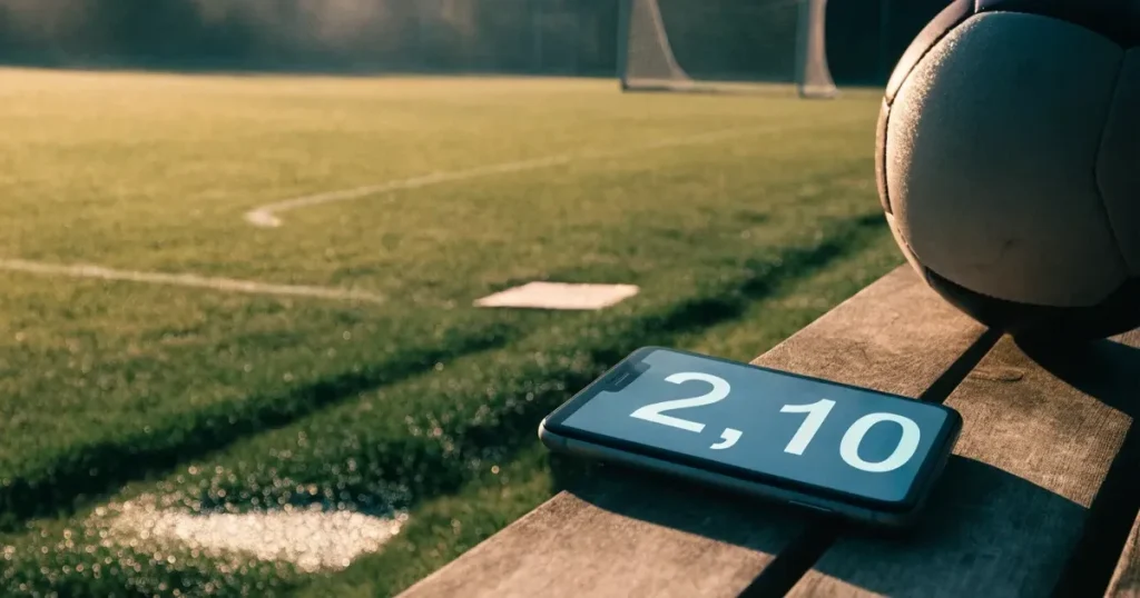 Ein Smartphone mit dunklem Bildschirm liegt neben einem Fussball auf einer Holzbank am Rand eines Trainingsplatzes im Morgenlicht.