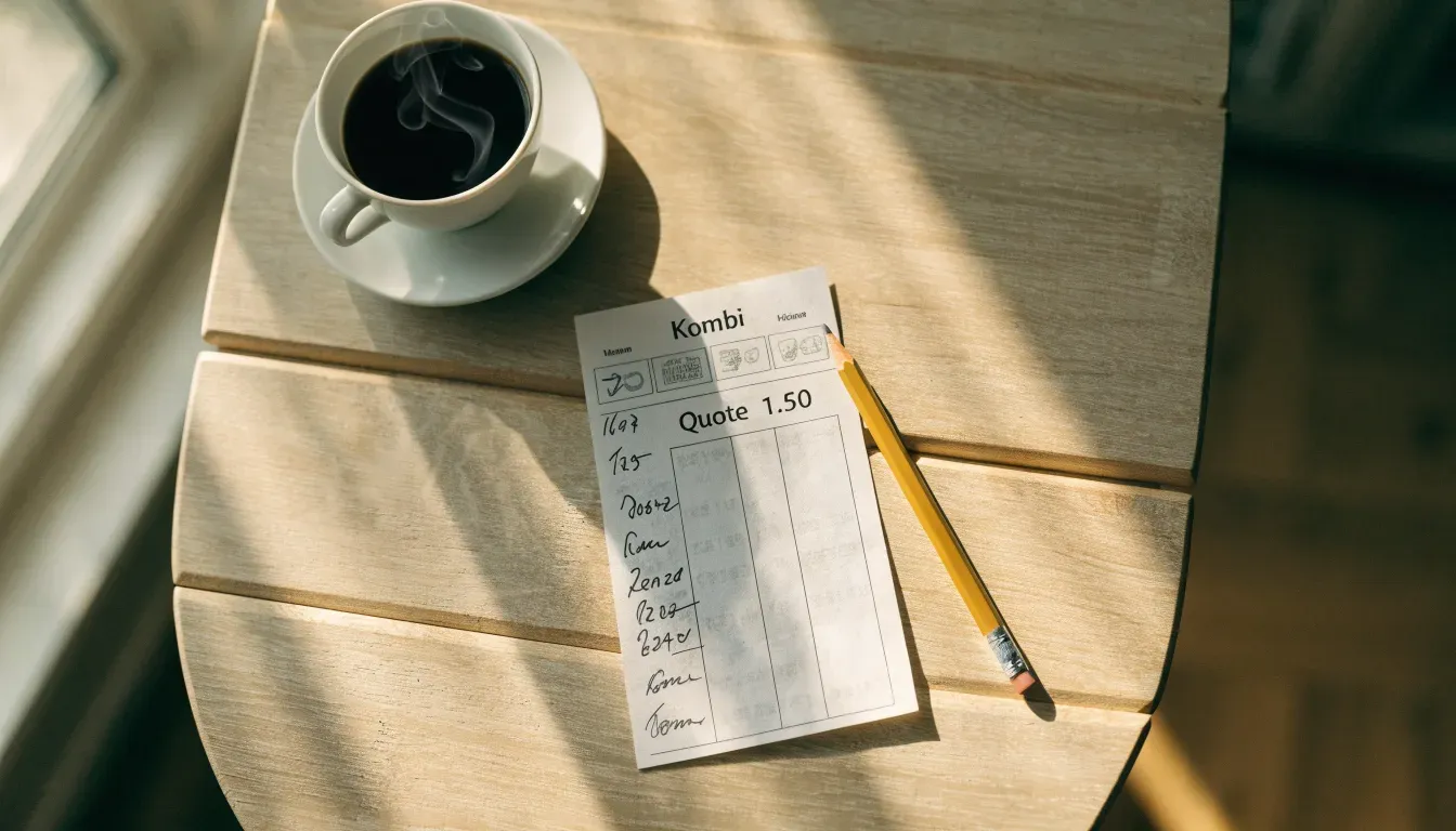 Eine Tasse Kaffee und ein Bleistift liegen auf einem sonnenbeschienenen Küchentisch neben einem leeren Notizblock.