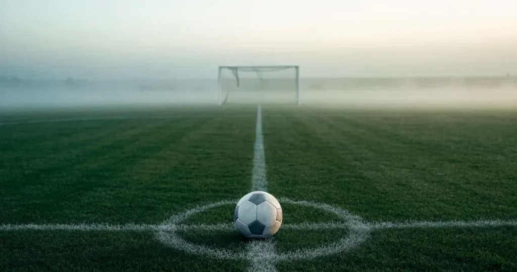Ein Fussball liegt auf dem Anstosspunkt eines leeren Rasenplatzes im dichten Morgennebel.