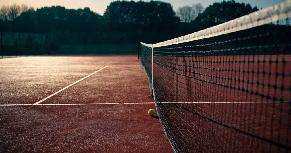 Ein Tennisplatz bei Sonnenaufgang mit gespanntem Netz und feuchtem Sandbelag, niemand steht auf dem Platz.