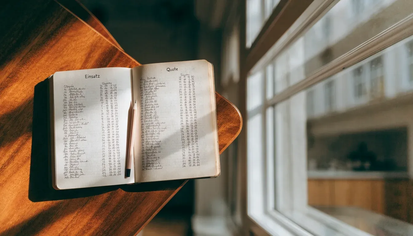 Ein aufgeschlagenes Notizbuch mit handschriftlichen Spalten und ein Bleistift liegen auf einem Holztisch neben einem Fenster.