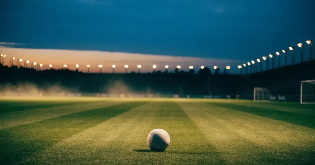 Ein Fussball liegt auf dem Anstosspunkt eines leeren Rasenplatzes, im Hintergrund glimmen Flutlichtmasten im Abendlicht.