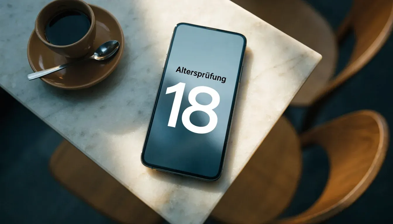 Ein Smartphone liegt mit der Rückseite nach oben auf einem Kaffeehaustisch neben einer Tasse und einem Löffel.