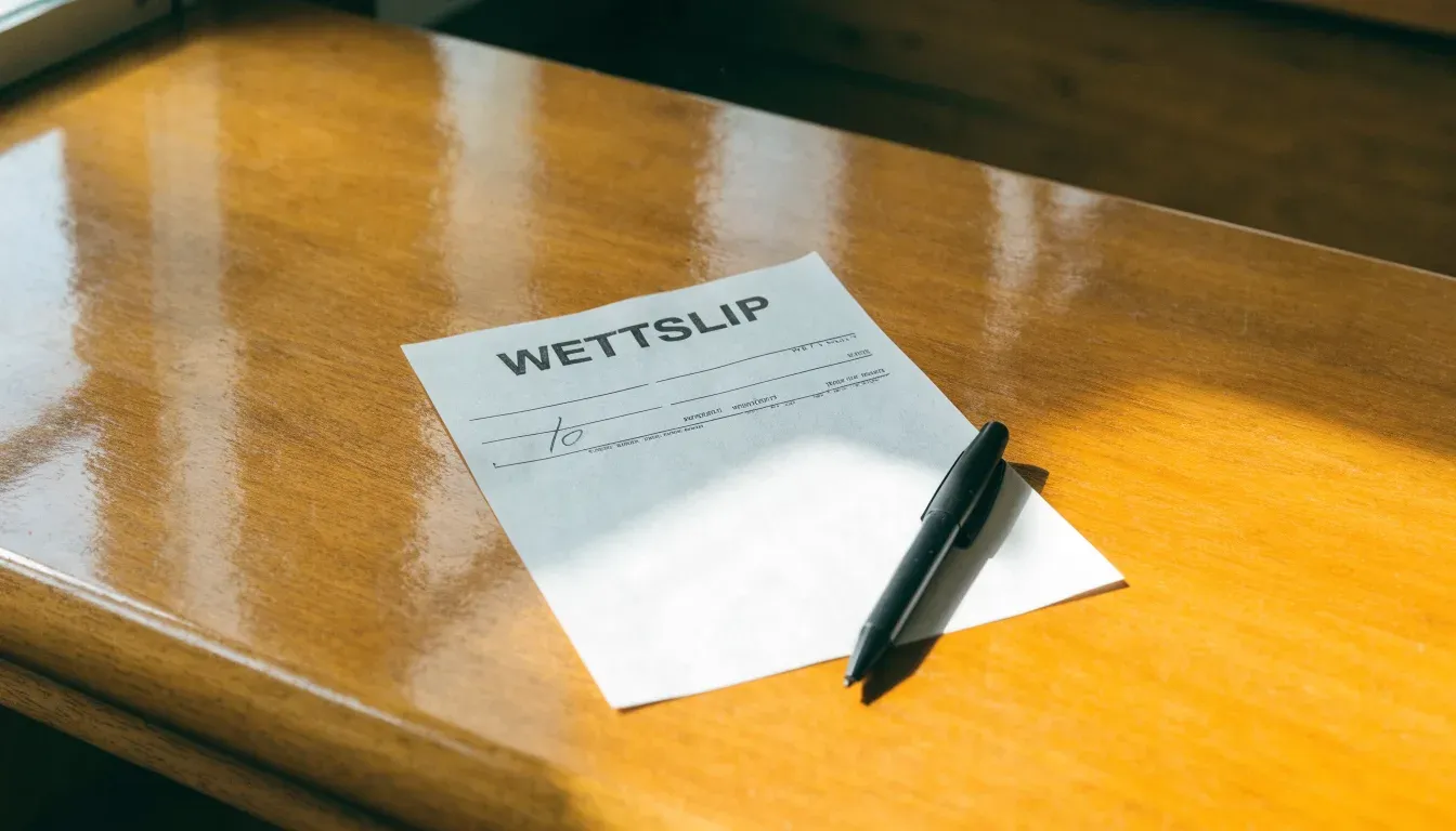 Ein unbeschriebener Papierwettschein und ein Kugelschreiber liegen auf einer hölzernen Ladentheke im Tageslicht.