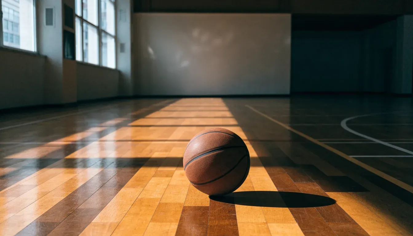 Ein Basketball ruht auf dem Parkett einer leeren Sporthalle, durch hohe Fenster fällt Tageslicht.