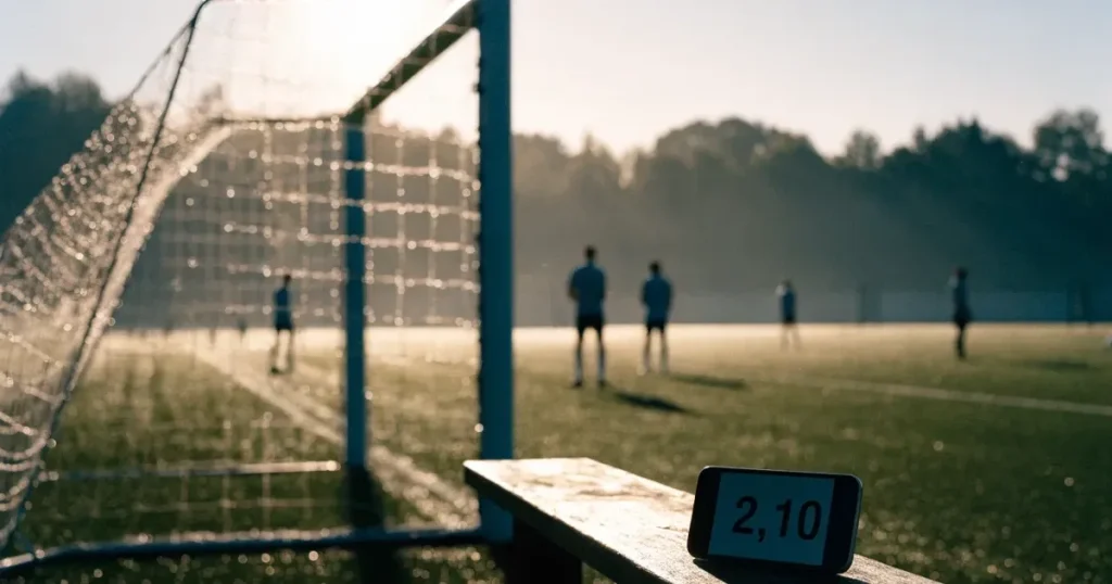 Tautropfen glitzern auf dem Netz eines Tores am Rand eines Trainingsplatzes im ersten Morgenlicht.