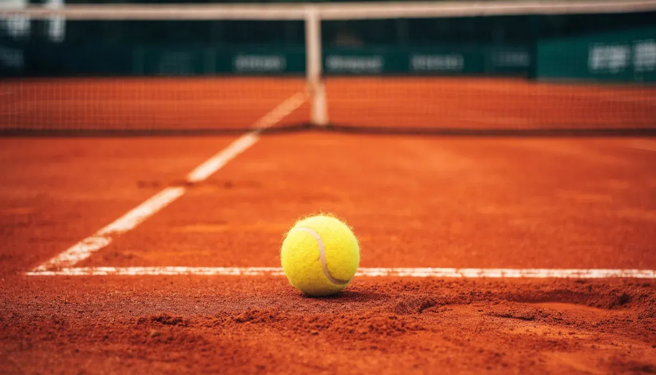Ein Tennisball liegt auf rotem Sand neben einer verblassten Linie, das Licht ist weich.