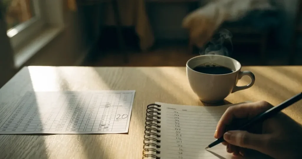 Eine Hand hält einen Stift über einem leeren Blatt, daneben eine Tasse Kaffee auf einem hellen Tisch.
