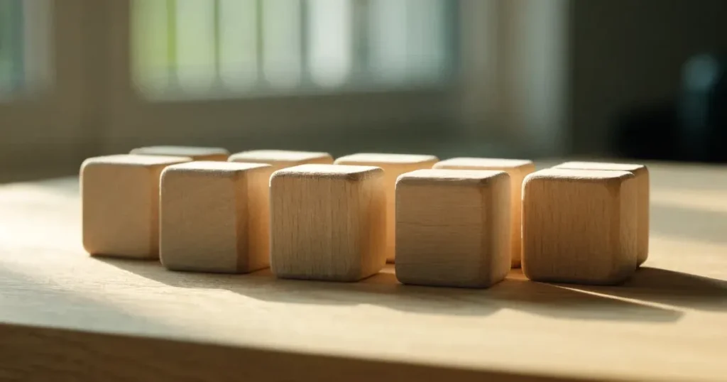 Zehn kleine Holzwürfel liegen in zwei ordentlichen Reihen auf einem hellen Tisch.