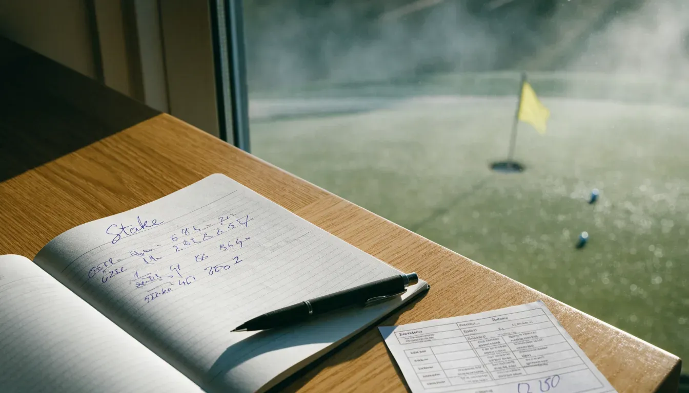 Ein Golfgrün liegt am frühen Morgen im Tau, ein Ball liegt nahe dem Loch.